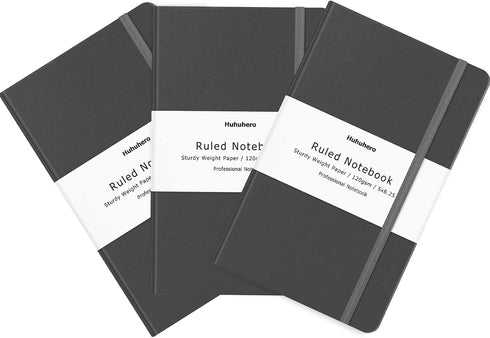 Huhuhero Lined Notebook Journal - 5.25" x 8.25", Hardcover, 120Gsm Premium Thick Paper, Dark Grey Faux Leather