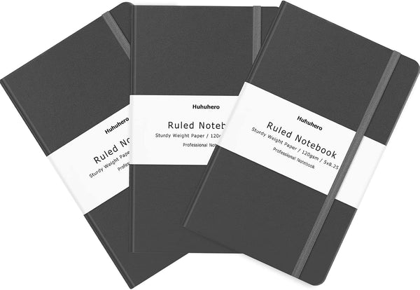 Huhuhero Lined Notebook Journal - 5.25" x 8.25", Hardcover, 120Gsm Premium Thick Paper, Dark Grey Faux Leather