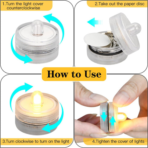 KOABY 12 Pack Warm Yellow Light Submersible LED Lights, Waterproof Flameless Submersible Lights for Decor