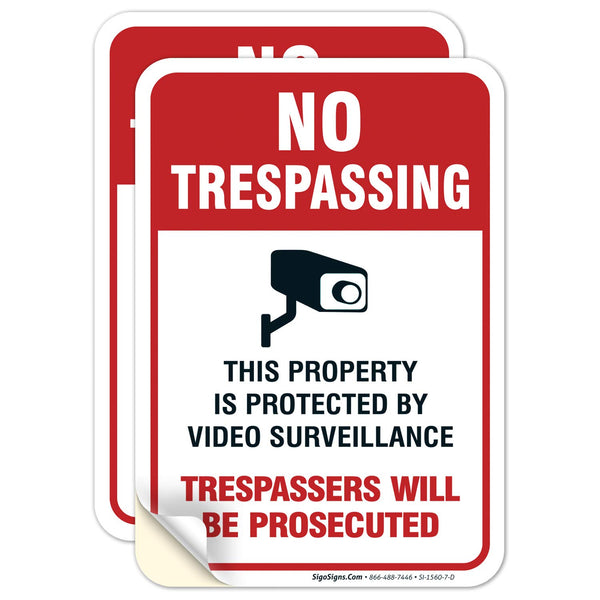 Video Surveillance No Trespassing Sign - CCTV Security Camera (2 Pack) 10x7 Inches, Weather Resistant Vinyl Decal
