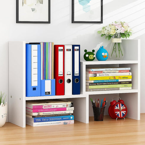 IUSEIT Counter Desktop Shelf Organizer, Adjustable Wood Office Storage Rack, Display Small Bookshelf