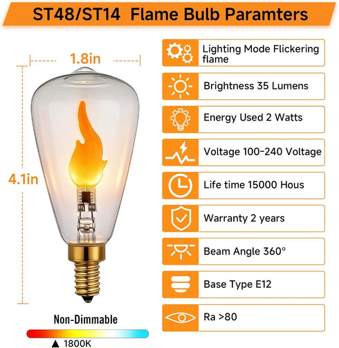 ST48/ST14 E12 Bulb, 2W 1800K Non-Dimmable, 2-Pack LED Flame Warm Amber Transparent Glass, Vintage Candle Style