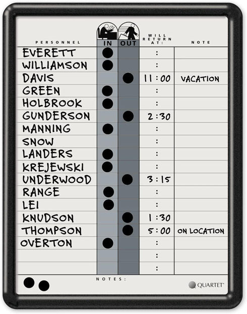 Quartet In/Out Board, 11" x 14", DuraMax Porcelain, Classic Gray, Black Frame, 18 Names