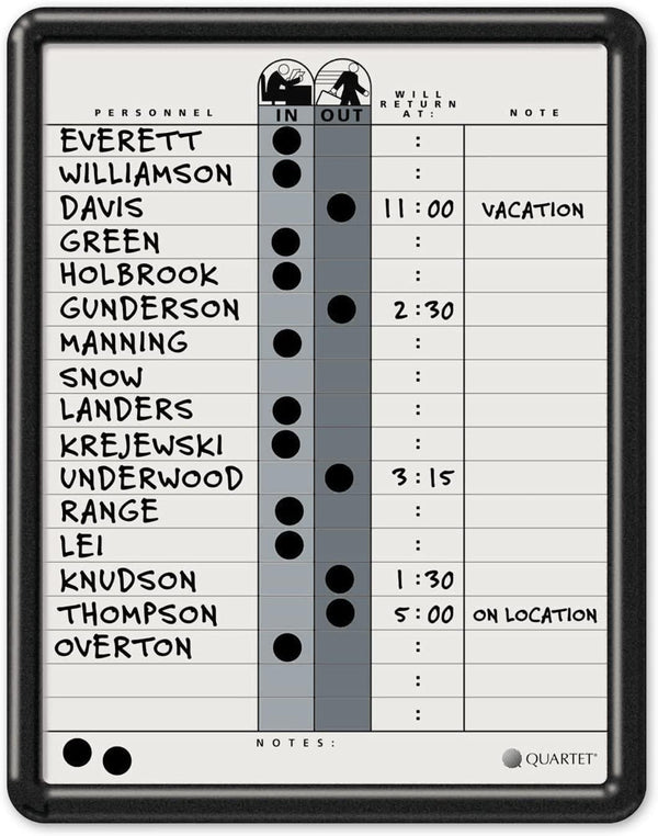 Quartet In/Out Board, 11" x 14", DuraMax Porcelain, Classic Gray, Black Frame, 18 Names
