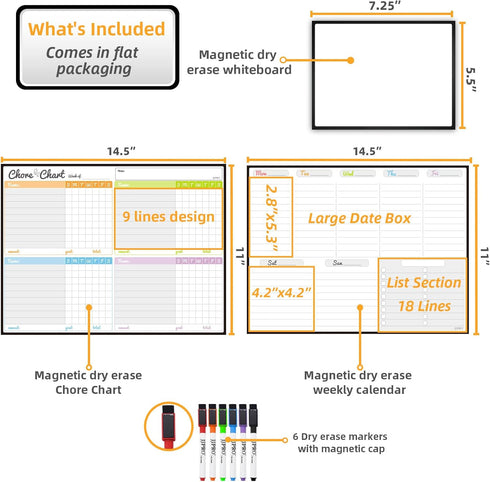 JJPRO Magnetic Dry Erase Chore Chart and Weekly Calendar Set for Fridge, Behavior Chart for Multiple Kids, Reward Chart