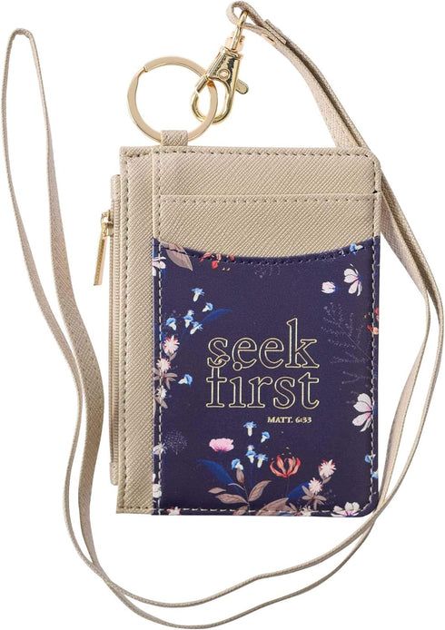 ID Card Holder Seek First Matthew 6:33, Bible Verse Taupe Floral Faux Leather Zip ID Case for Women