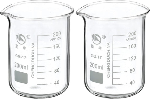 PATIKIL 200ml Low Form Glass Beaker, 2 Pack, 3.3 Borosilicate Glass Measuring Cups with Spout for Kitchen Lab