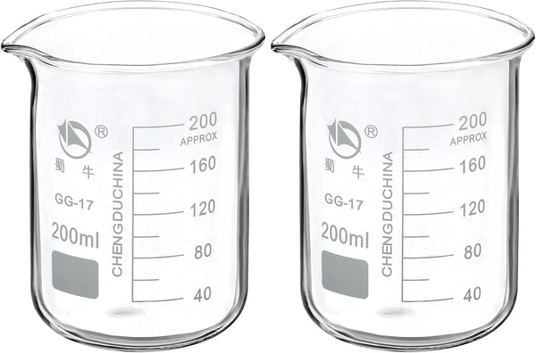 PATIKIL 200ml Low Form Glass Beaker, 2 Pack, 3.3 Borosilicate Glass Measuring Cups with Spout for Kitchen Lab