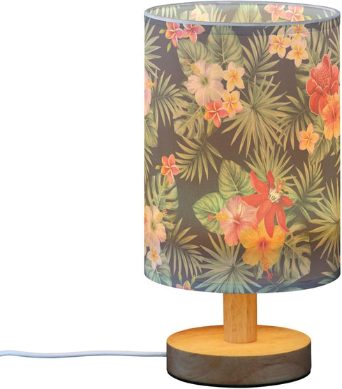 YYZZH Table Lamp Tropical Palm Leaves Hibiscus Plumeria Flower Nightstand Lamp with Wood Base Fabric Lamp Shade Bedside