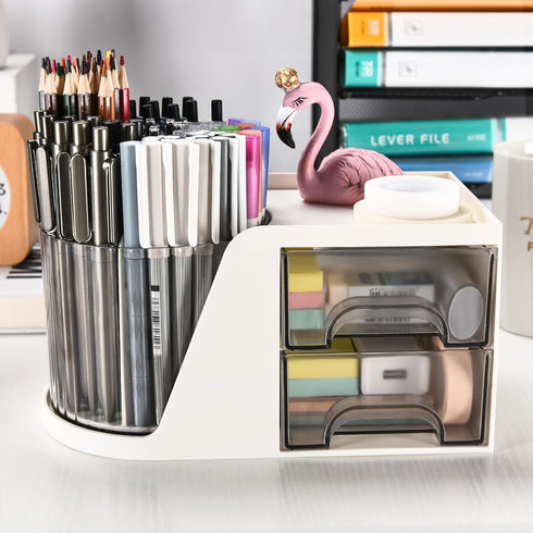 Rotating Desk Organizer with 2 Drawer, Pencil Pen Holder for Desk, Desk Organizers and Accessories with 4 Compartments + Drawer for Office Home Art Supplies (White) by GGIANTGO