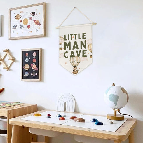 ArtisaEura Little Man Cave Wall Canvas Banners, Hot Air Balloon Nursery Decor, Baby Animal Hanging Display Pennant