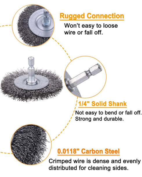 30 Pack 1/4-Inch 3 Rocaris Carbon Steel Wire Wheel Brush with Hex Shank, for Rust Removal, Corrosion and Scrub