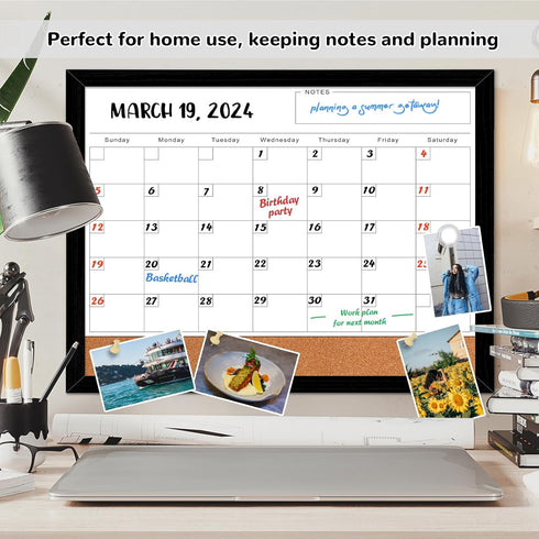 Monthly Calendar Dry Erase Board for Wall, 17"x13" Whiteboard with Black Wood Frame, 2in1 Cork Board Combo