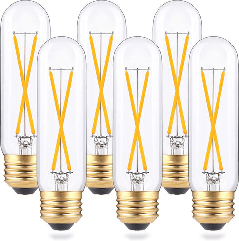 T10 LED Bulbs, 2W Dimmable Tubular, 25 Watt Equivalent, E26 Long Tube Lamp, 2700K Warm White, 6 Pack