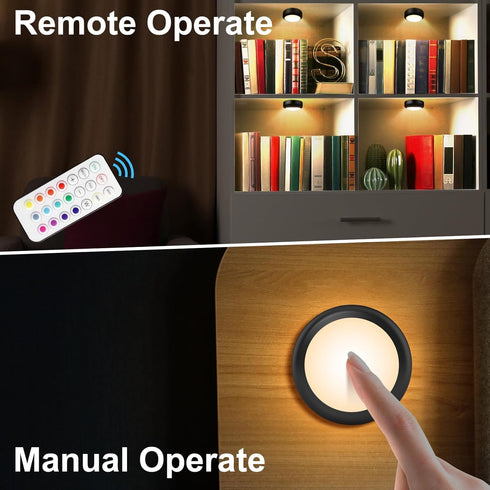 Closet 13 Dimmer, 6 Pack BLS LED Puck Lights with Remote Control, Wireless Under Cabinet & Lighting, RGB Color Changing