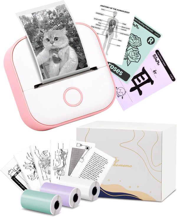 Memoking Mini Sticker Printer - T02, Portable Wireless Thermal Printer for Phone with 3 Rolls Paper, Pink