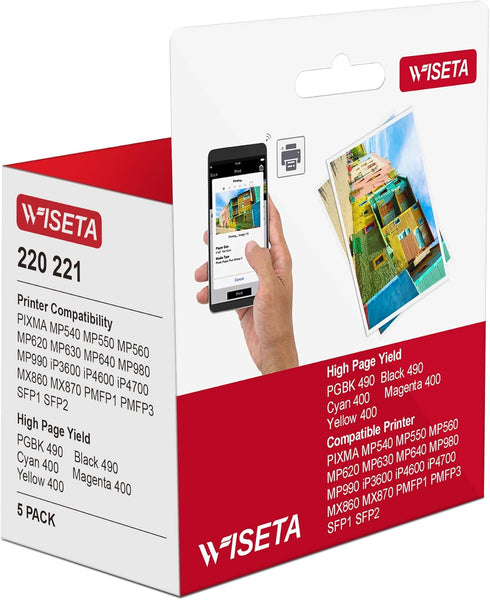 Wiseta Compatible Ink Cartridge Replacement for Canon PGI220 CLI221, Black, Cyan, Magenta, Yellow 5 Pack