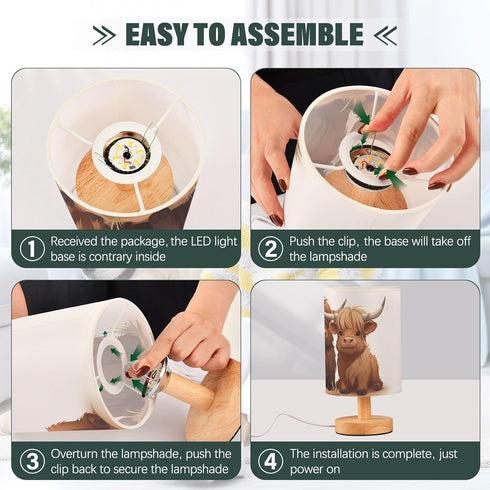 Oarencol Bedside Table Lamp Fun Highland Cow Animal Nightstand Lamp with Wood Desk Lamps for Bedroom Living Room