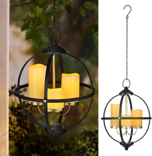 SUNNYPARK Battery Operated Outdoor Candle Chandelier - Black and Gold Metal Globe Hanging
