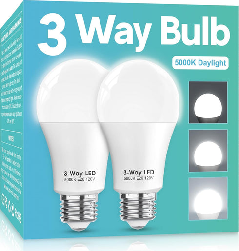 3 Way LED Light Bulbs 50 100 150W Equivalent, Daylight White 5000K, A19 Three Way Light Bulbs, E26 Base (2 Pack)