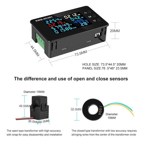 AC Voltmeter Ammeter AC 50-300V 0-100A Digital AC Multimeter 110V 220V LCD HD Display Current Voltmeter with Closed Current Transformer 8 In 1 Multifunction Electric Energy Meter Power Detector