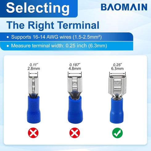 Baomain 100-Pack 1/4" Female Quick Disconnect Spade Terminals - Insulated Crimp Connectors 16-14 AWG (Blue)