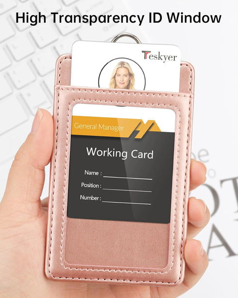 Teskyer Leather ID Badge Holder for Work School IDs, Cruise Ship Cards, Hotel Key Cards - Rose Gold Lanyards