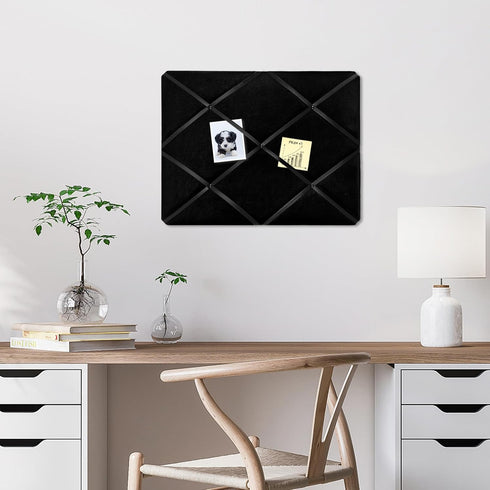 Black Fabric Memo Bulletin Board, 23.6x17.7 inches Velvet Pin Board for Wall, Vision Board with Criss-Cross Ribbons