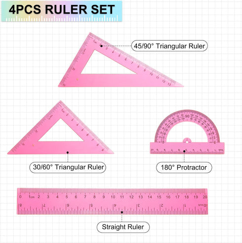 4pcs Set 20cm Inch HARFINGTON Triangular Ruler Plastic Metric Geometric Protractor Triangle Engineering Scale Drafting