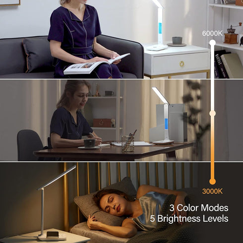 poukaran LED Desk Lamp with Wireless Charger, USB Charging Port, Table Lamp with Clock, Alarm, Date, Temperature, Desk