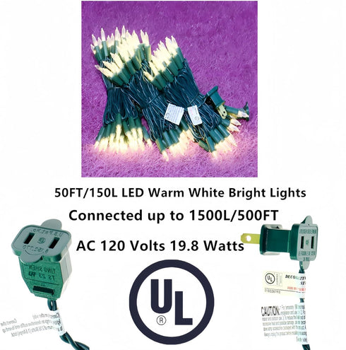 150 50 LUCKY SHINE LED Warm White Christmas Lights, UL Certified FT Green Wire String Lights, for Indoor and Outdoor