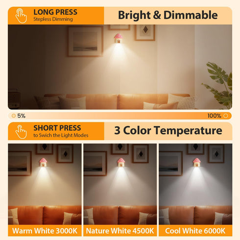 StarryEver 3 3000/4500/6000K Dimmable Mushroom Night Light, Rechargeable Motion Sensor Lights, Color Temperatures