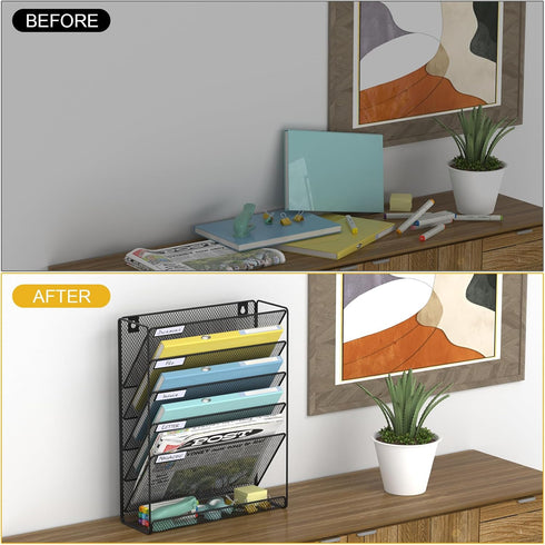 Wall File Organizer, 6-Tier Mesh Hanging Mail Organizer, Vertical Office Storage Rack for Home Office, Black