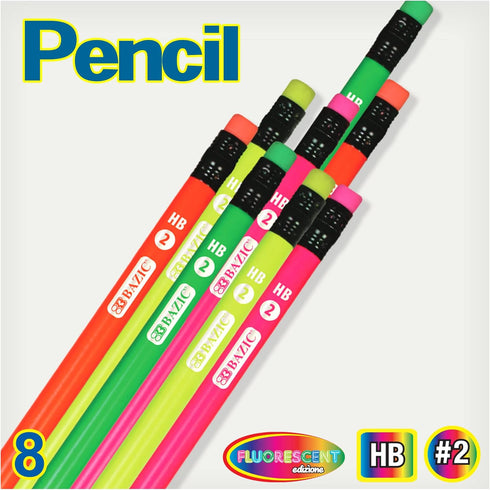BAZIC Wood Pencil Neon Pencils, Latex Free Eraser, Unsharpened Rewards Pencil for Writing Drawing (8/Pack), 1-Pack by BAZIC Products