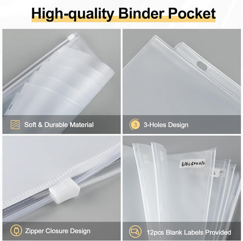 KTRIO Zipper Binder Pocket Letter Size 12 Pack, 3 Holes Zipper Binder Folder for 3 Ring Binder Insert, Clear PVC Loose Leaf Pouch 8-1/2"x 11 Document Filing Storage Bags for Office, School by KTRIO