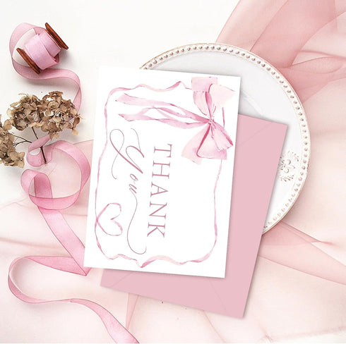 SMUAENSS 48 Pack Pink Bow Thank You Cards, Bowknot Bridal Shower Greeting Card with Envelopes and Stickers for Birthday