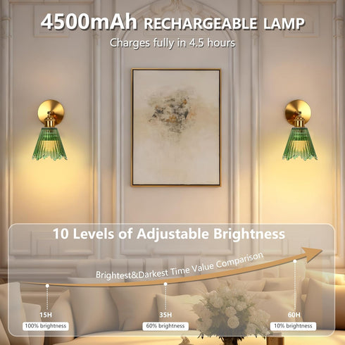 Set 1 Vintage Battery Operated Wall Sconce with Green Crystal Grid Glass Lampshade Rechargeable Battery Powered Wall