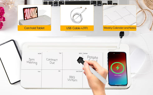 NEXTLUXE Small Glass Desk Whiteboard with Wireless Charger, Weekly Calendar Planner, Dry Erase Computer Pad, Organizer