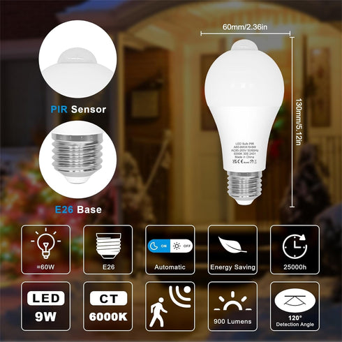 ORALUCE Motion Sensor Light Bulbs Indoor Outdoor 60 watt Equivalent, A19 E26 9W Motion Activated LED Bulb 6000K Cool White, Motion Sensor Light for Garage, Closet, Porch, Stairs, 2 Pack by ORALUCE