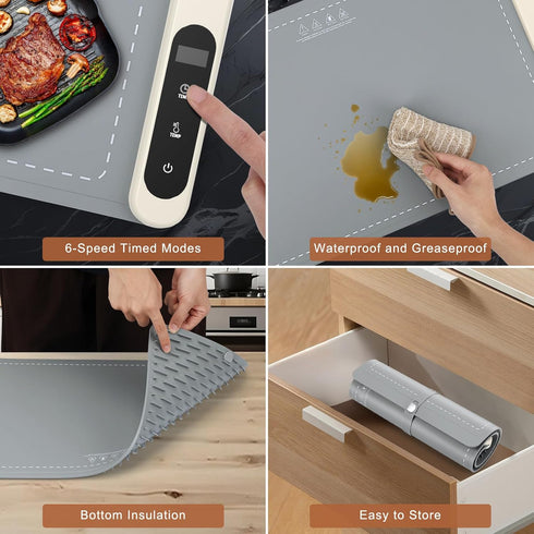 6 Settings, 6H FYY Warming Mat for Food - Rapid and Full Surface Heating, Temp Timer, Rollable Portable Food Warming