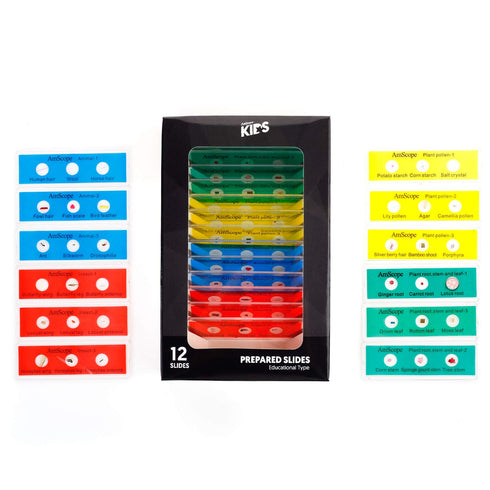 AmScope 36pc Kids Prepared Microscope Slide Set, Color-Coded Zoological & Botanical Specimen Slides - PS-P12X3-A