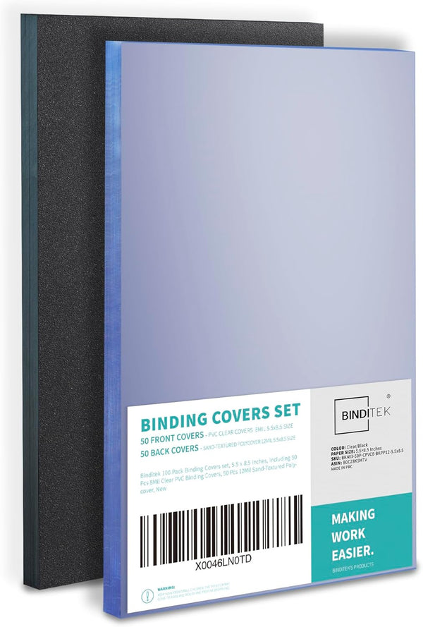 Binditek 100 Pack Binding Covers and Backs Set, 5.5 x 8.5 Inches, 50 Pcs Clear PVC and 50 Pcs Sand-Textured Polycovers
