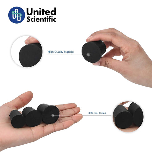 United Scientific RSTPK1 Premium Laboratory Black Rubber Stoppers, Good to Seal Bottles, Tubes and Many Other Containers, Black Lab Plug, 1 to 6 Assorted Sizes, 1 Pound of Stoppers.