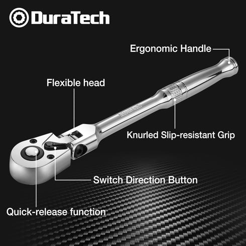 DURATECH 1/4" Drive Flex-Head Ratchet, 72-Tooth Ratchet Wrench, Quick-release, Reversible Switch, Full-Polished Chrome Plating, Alloy Steel by DURATECH
