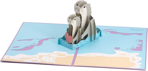 Ribbli 3D Otter Couple Handmade Pop Up Card for Anniversary, Valentine's Day, Wedding, Romantic Gift, with Envelope