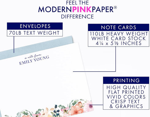 Set, Modern Pink Paper Personalized Floral Stationery Personalized stationary for Women, Your Choice of Colors