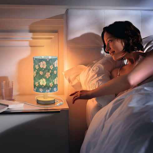 ALAZA Bedside Table Lamp for Bedroom Teal Hawaiian Floral Nightstand LED Light Lamps with USB Port Linen Fabric Shade