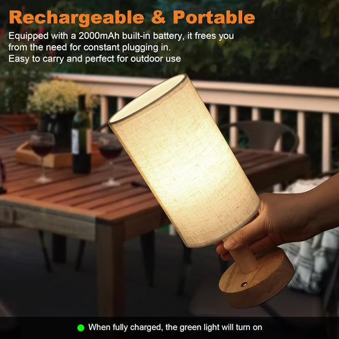 Dimming,Natural Rechargeable Cordless Touch Table Lamp with Stepless Wood Base&Linen Shade,Small Battery Wireless