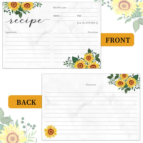 Zonon 50 Pieces Sunflower Recipe Cards, 4x6 Double Sided Kitchen Note Cards for Wedding, Bridal Shower
