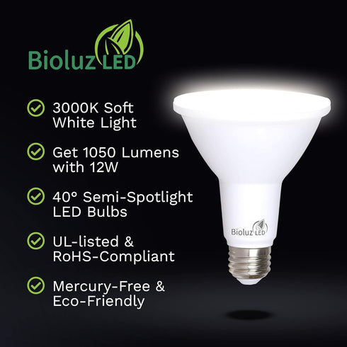 Bioluz LED 4 Pack PAR38 LED Light Bulb, 90 CRI, 12W = 100-120 Watt Replacement, Soft White 3000K, Dimmable